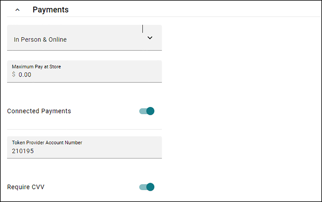 Payments Section of Checkout and Payments tab