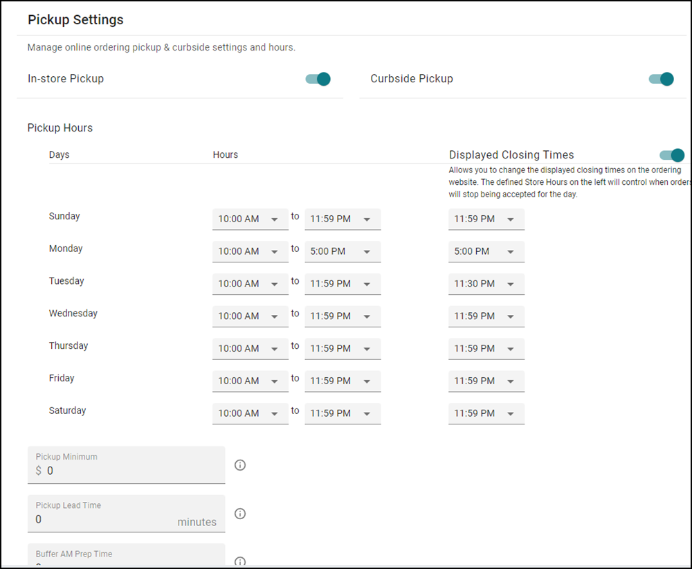 Pickup Settings Section of Site Settings tab