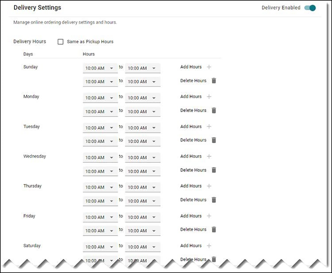 Delivery Settings Section of Site Settings tab