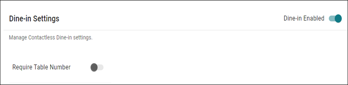 Dine-in Settings Section of Site Settings tab