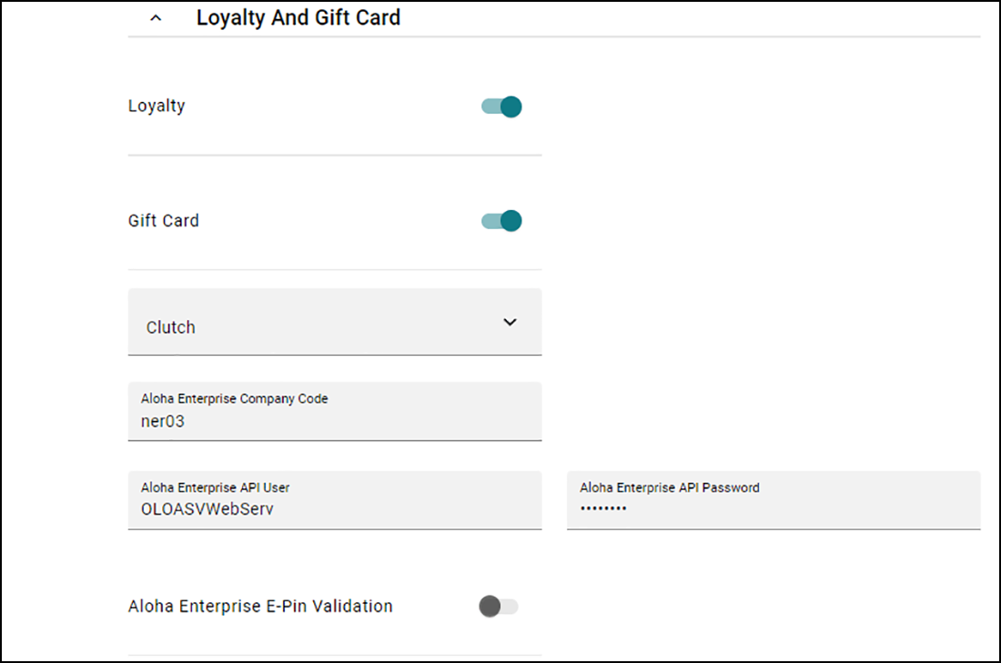 Loyalty And Gift Card Section of Company Setup tab