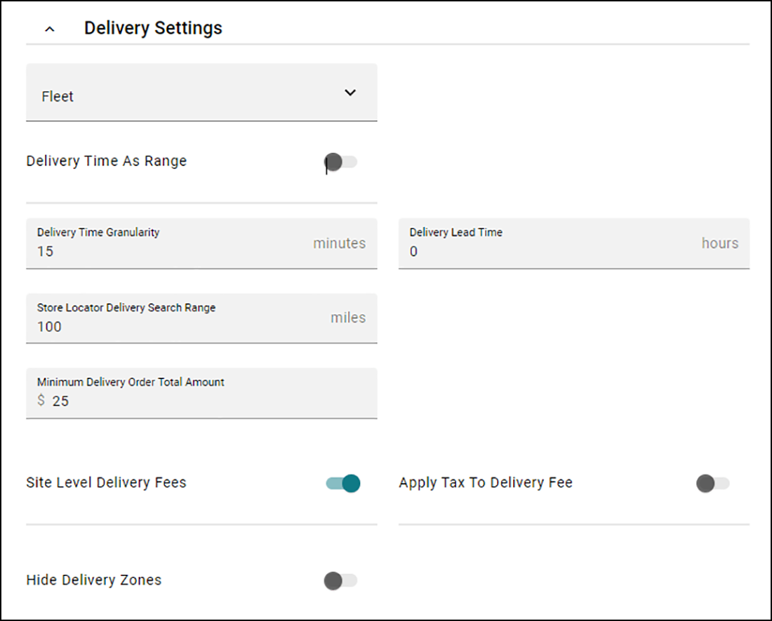 Delivery Settings Section of Ordering Settings tab