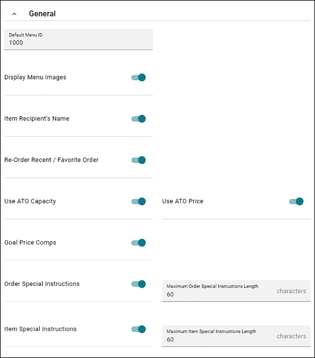 General Section of Ordering Settings tab