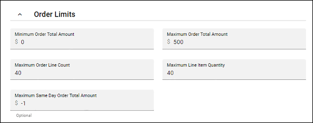 Order Limits Section of Ordering Settings tab