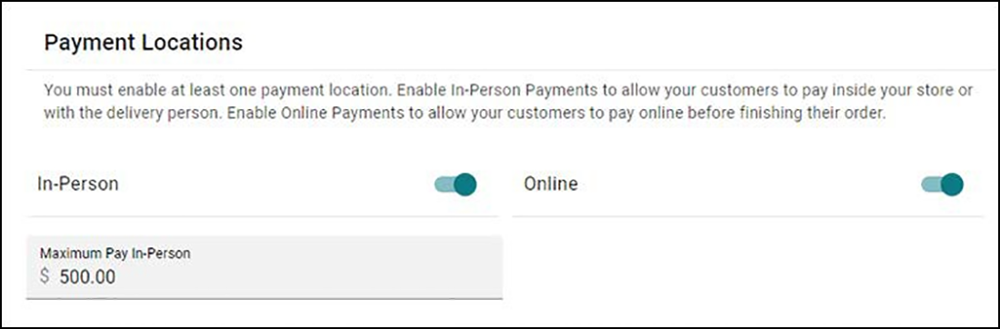 Payment Locations Section of Site Settings tab