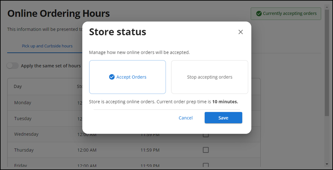 Toggle between accepting and not accepting orders online orders
