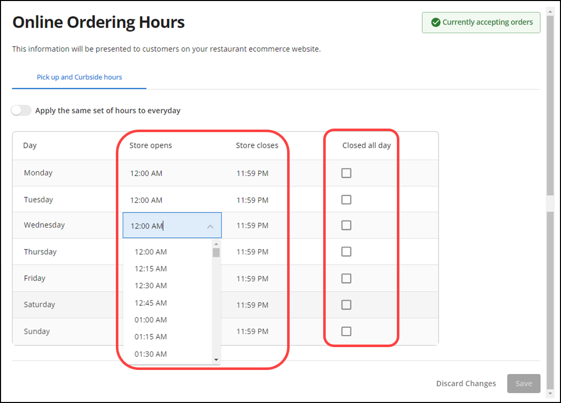 Define specific hours for accepting online orders