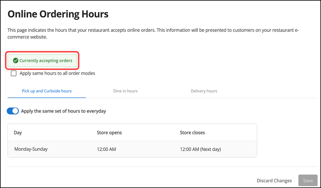 online ordering hours page