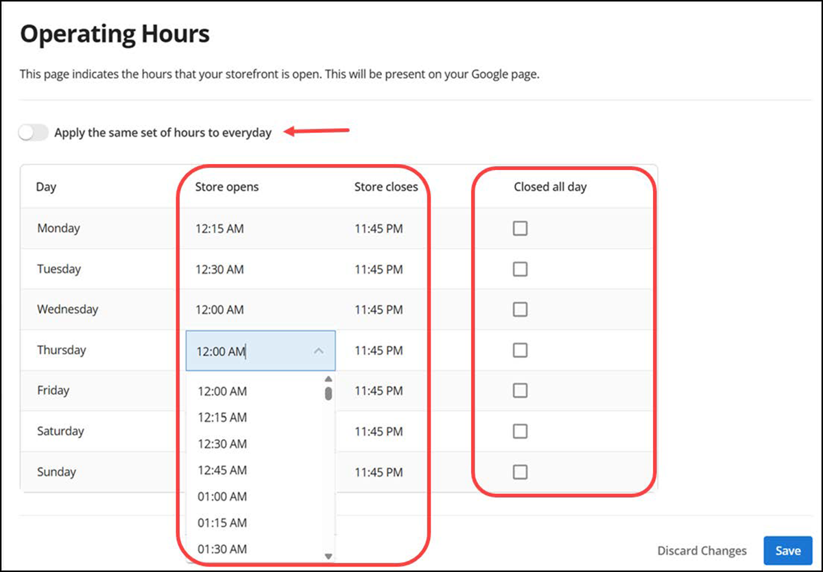 Apply same hours to every day