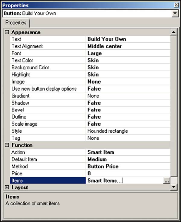 Sample Button properties dialog box smart item.