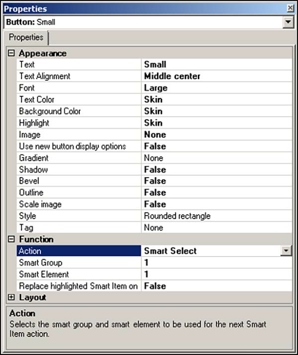 Sample Button properties dialog box smart select.