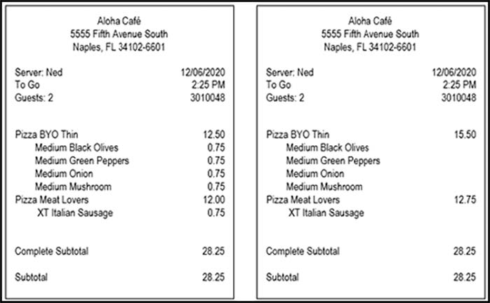 Example of guest check showing price of parent item on the left and price of modifiers and parent item on the right