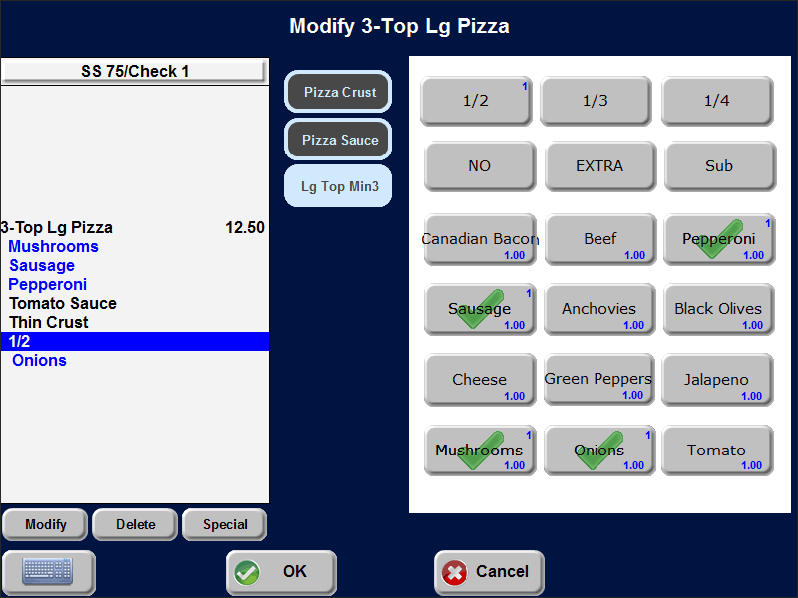 Sample of completed 3 topping pizza