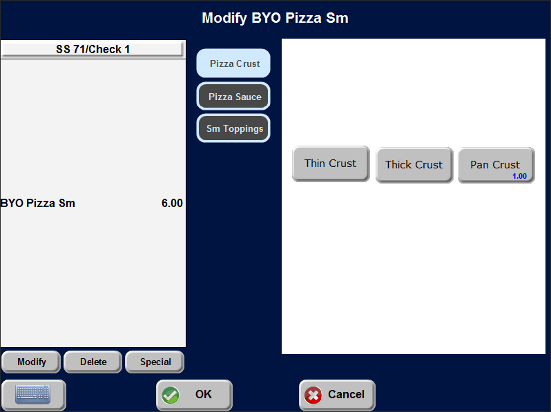 Sample of crust modifier screen for advanced pizza