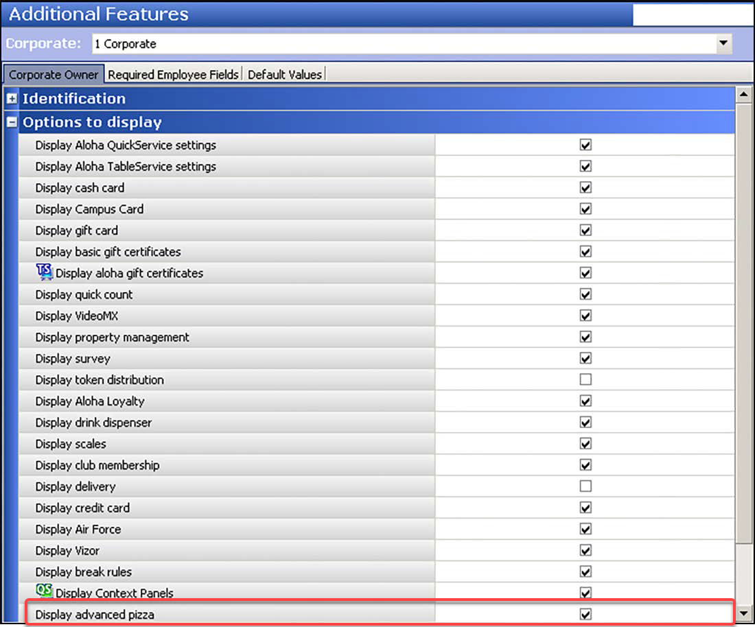 Sample of Additional Features function showing Display advanced pizza option, 