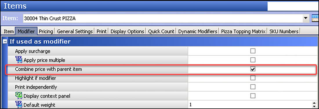 Sample of Items function, Modifier tab showing Combine price with parent item option