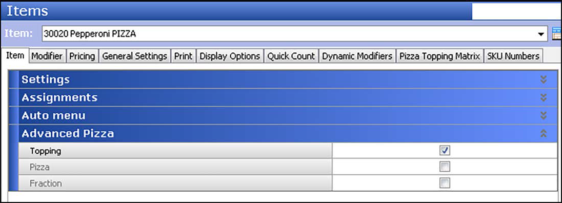 Sample of items, items tab, Advanced pizza group bar indicating topping