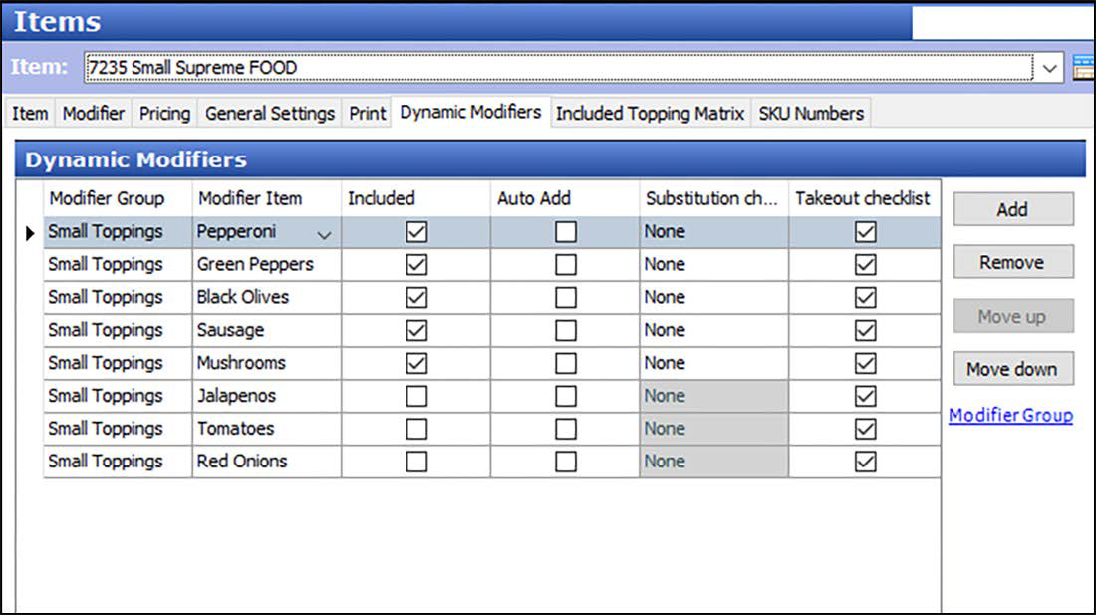 Items function, Dynamic Modifiers tab, showing topping modifier groups.