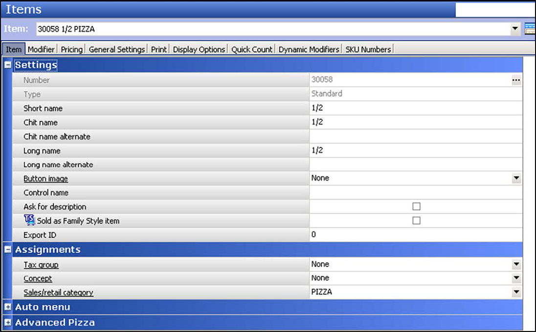 Sample of items function,item tab