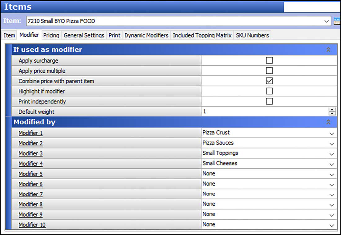 Sample of items function, modifier tab.