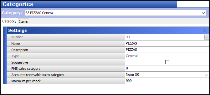 Sample of menu categories, category tab.