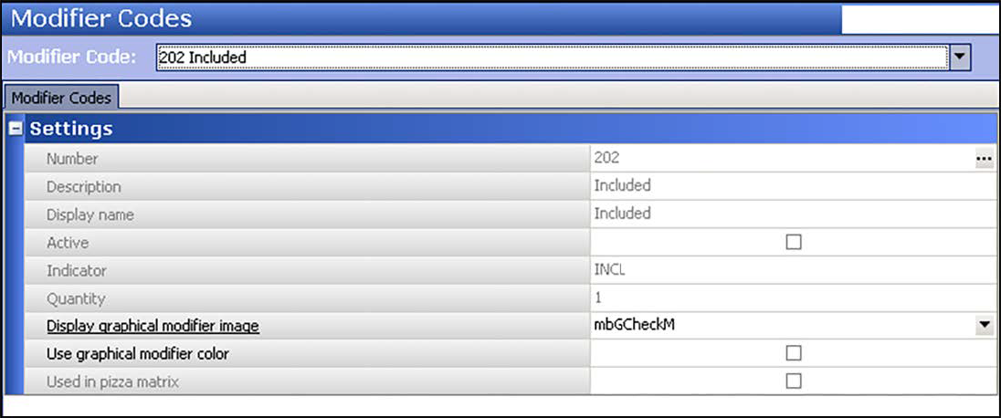 Sample of Modifiers Codes function, Modifier Codes tab.