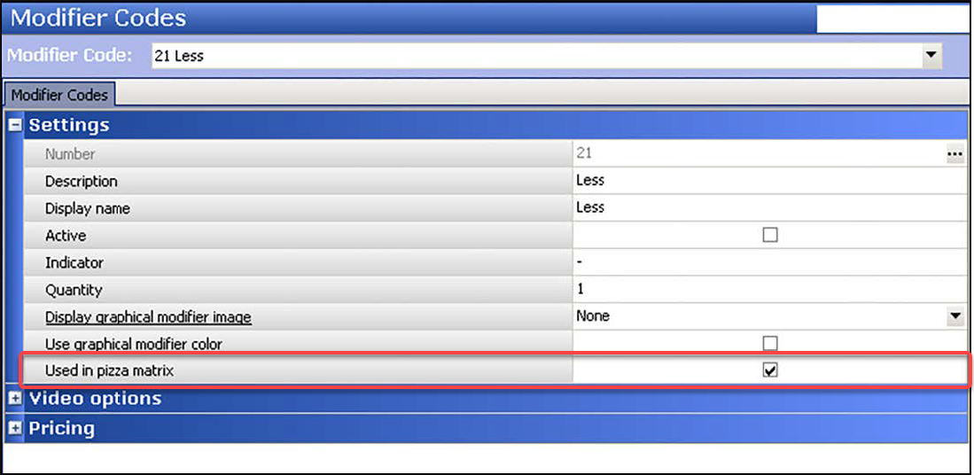 Sample of modifier codes used in pizza matrix.