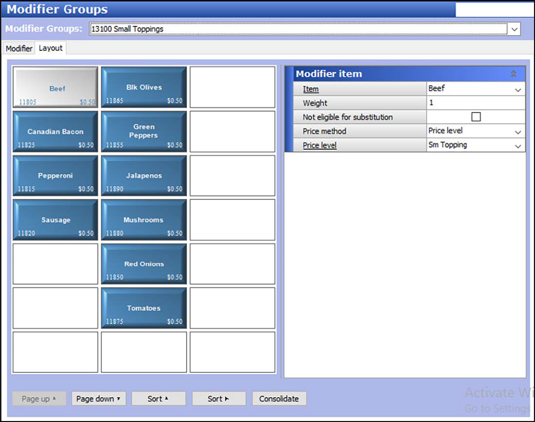 Sample of Modifier Groups function, Layout tab showing modifier items