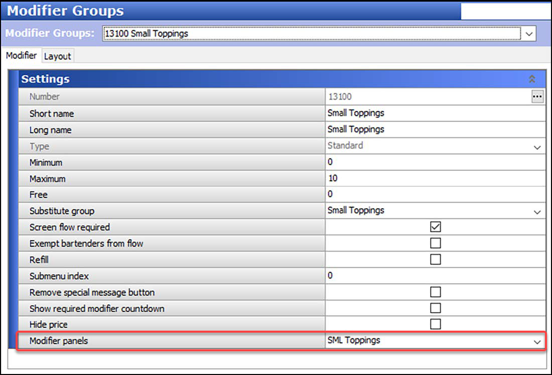 Sample of modifier group with a custom modifier panel.