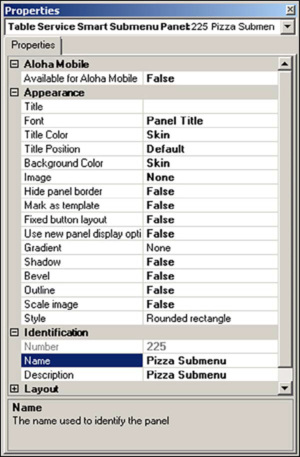 Sample of Pizza submenu panel.