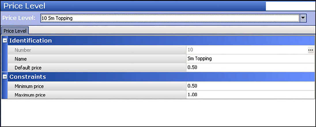 Sample of Price Level function, Price Level tab showing small toppings