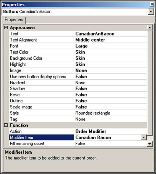 Sample of properties dialog box toppings.