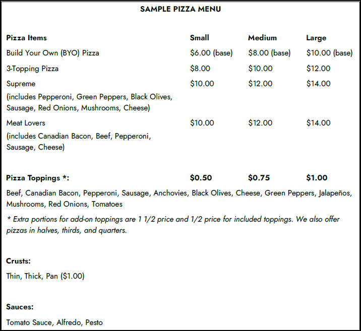 Sample pizza menu pricing.