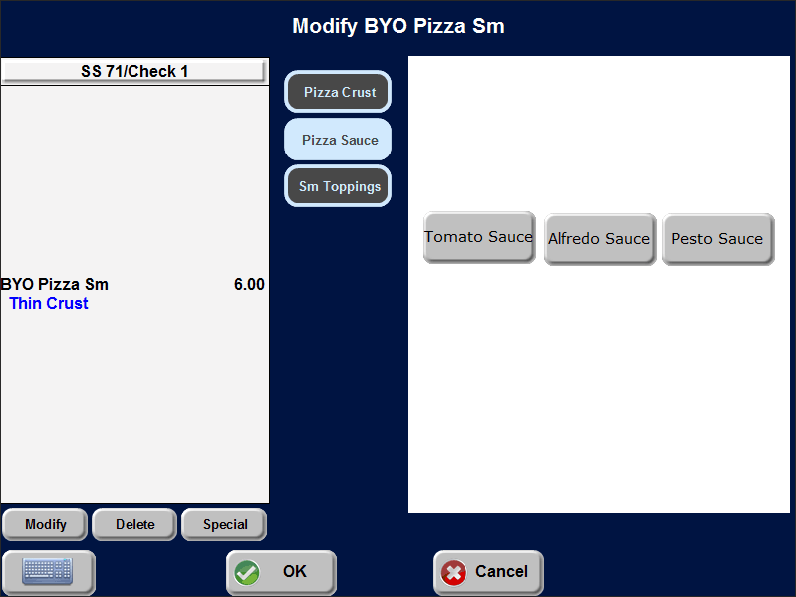 Sample of sauce modifier screen for advanced pizza