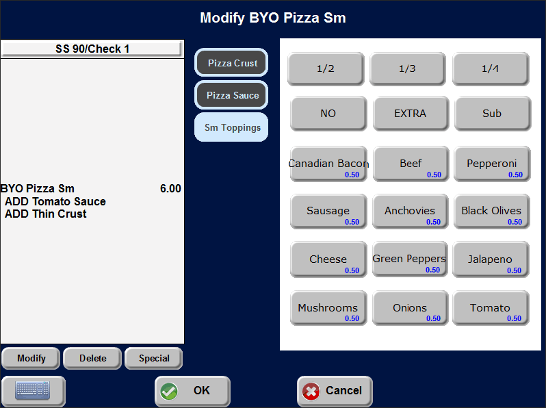 Sample of small toppings modifier screen for advanced pizza