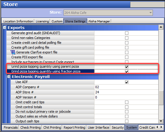 Sample of store settings, system group, exports group bar.