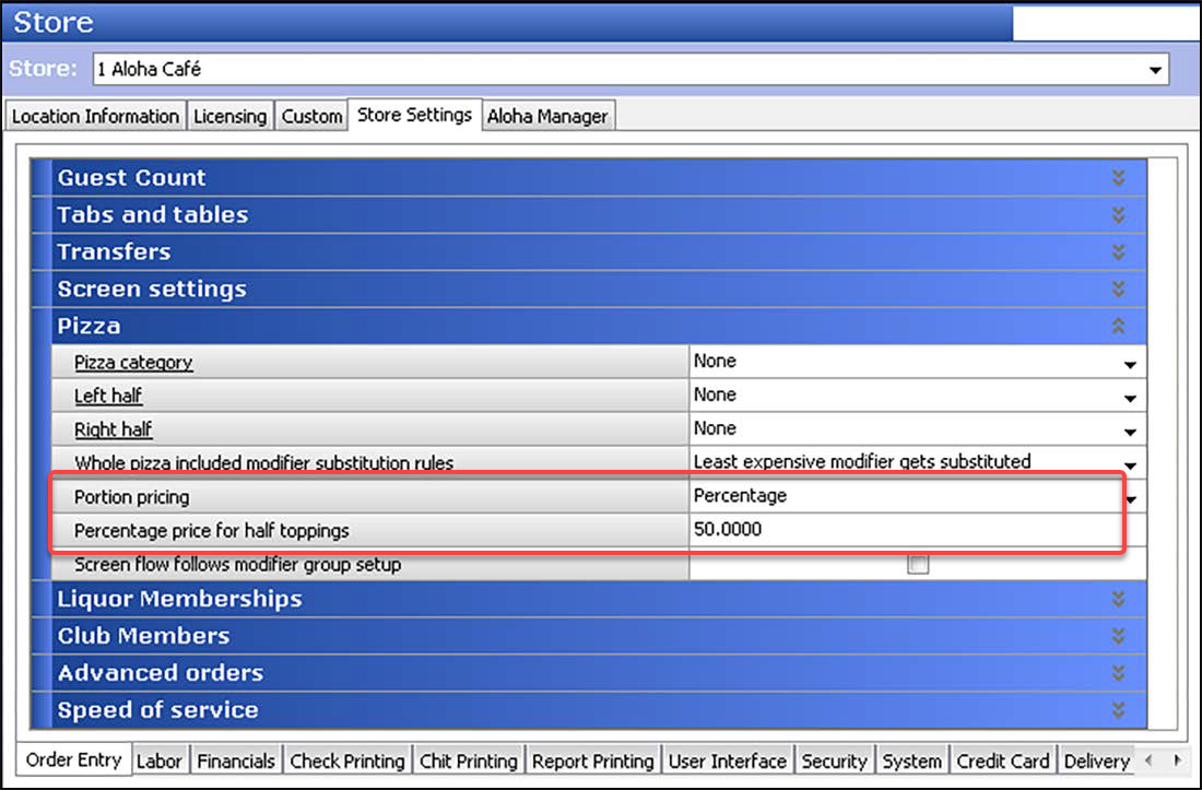 Store function, Store Settings tab, Pizza group bar showing portion pricing, percentage price for half toppings