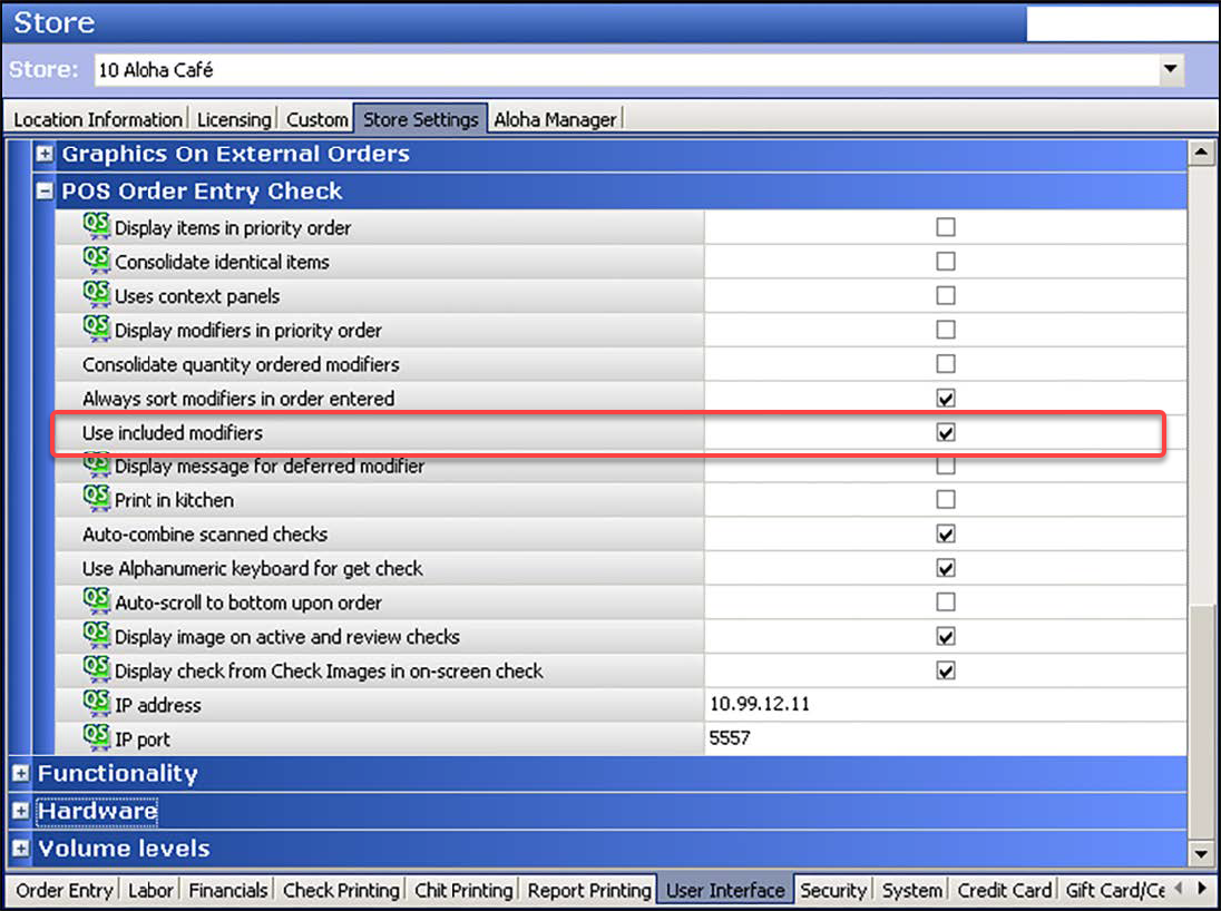 Sample of Store function, Store Settings tab, user interface group showing use included modifiers.