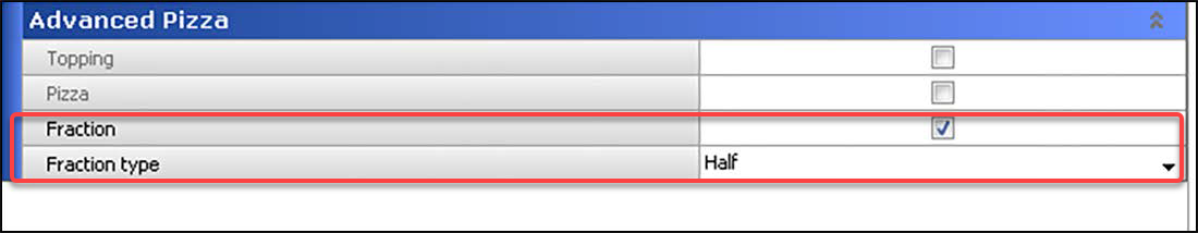 Sample of Advanced Pizza group bar showing fraction and fraction type