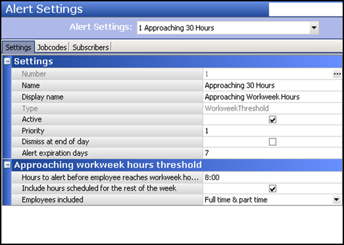 Configuring approaching work week threshold alert in Alert Settings