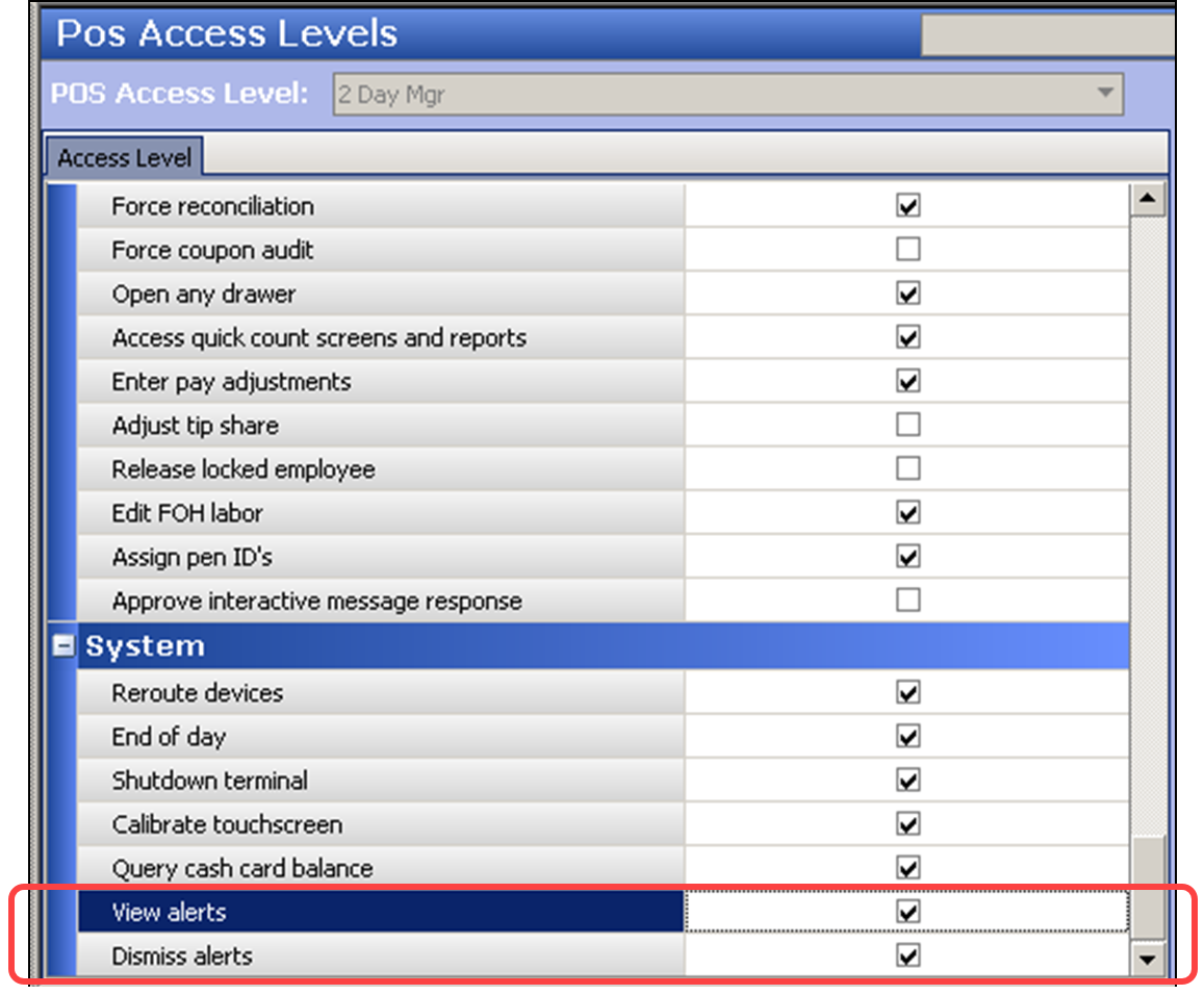 Providing ability to view or dismiss alerts in Pos Access Levels function