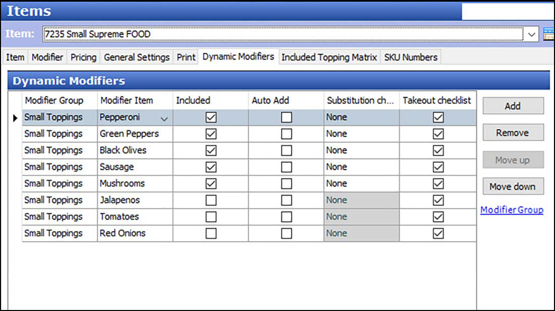 Items in dynamic modifiers tab of Items function