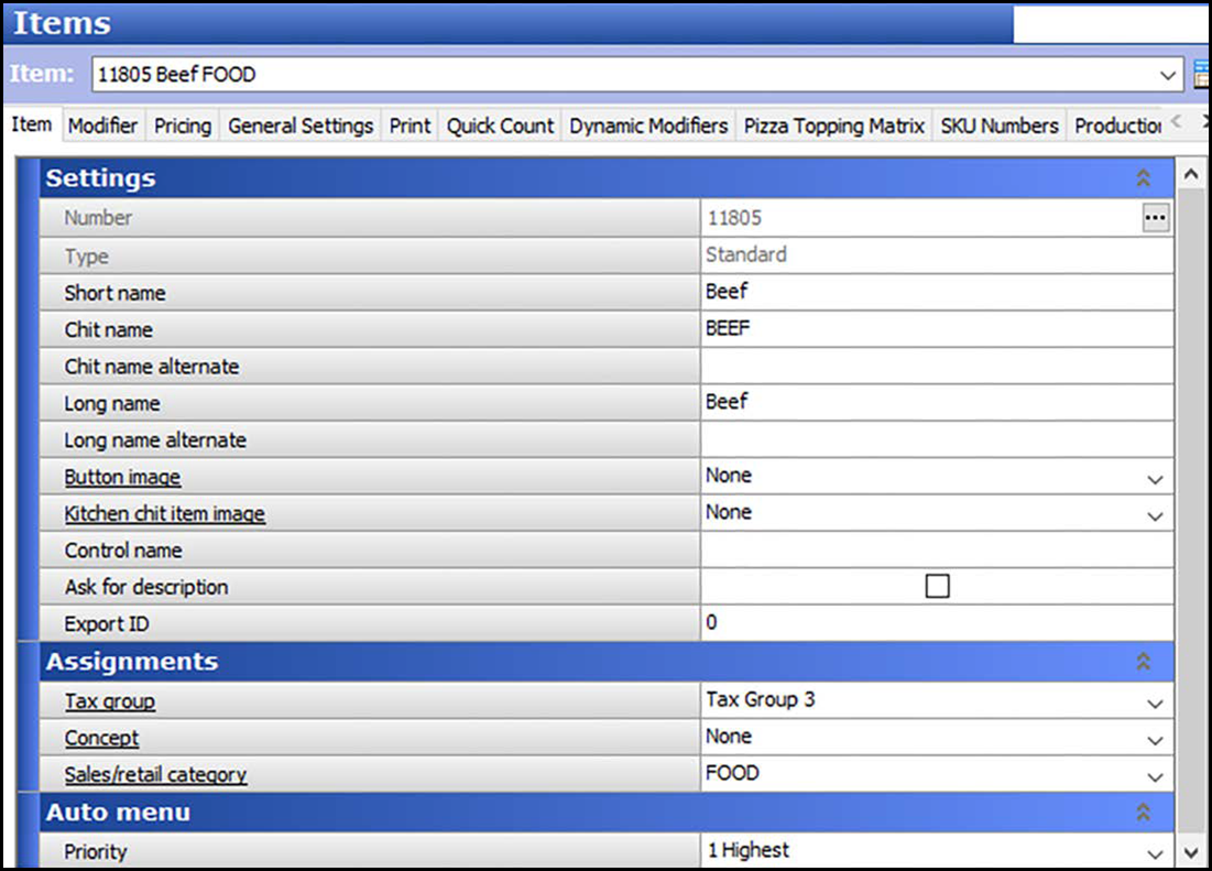 Example to create pizza toppings in items function