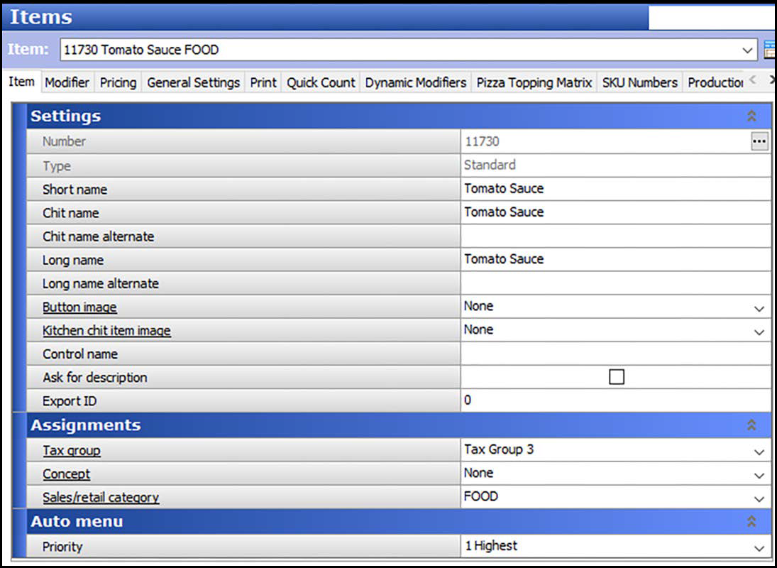 Example to create pizza menu sauces in items function