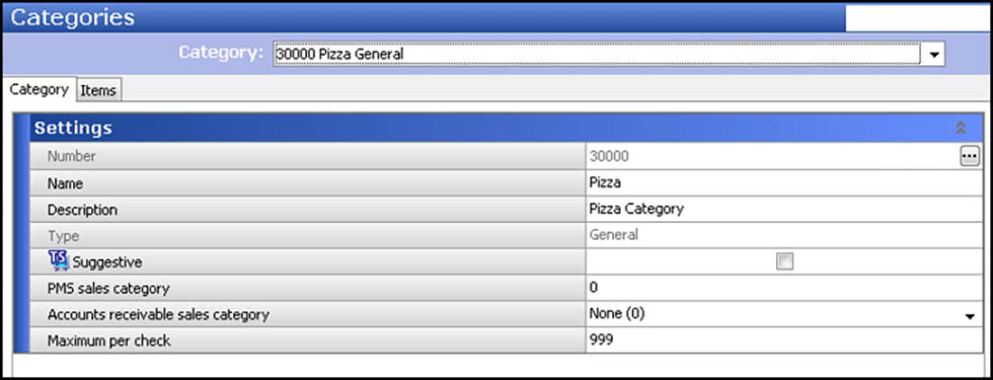 Example menu category in Category Maintenance