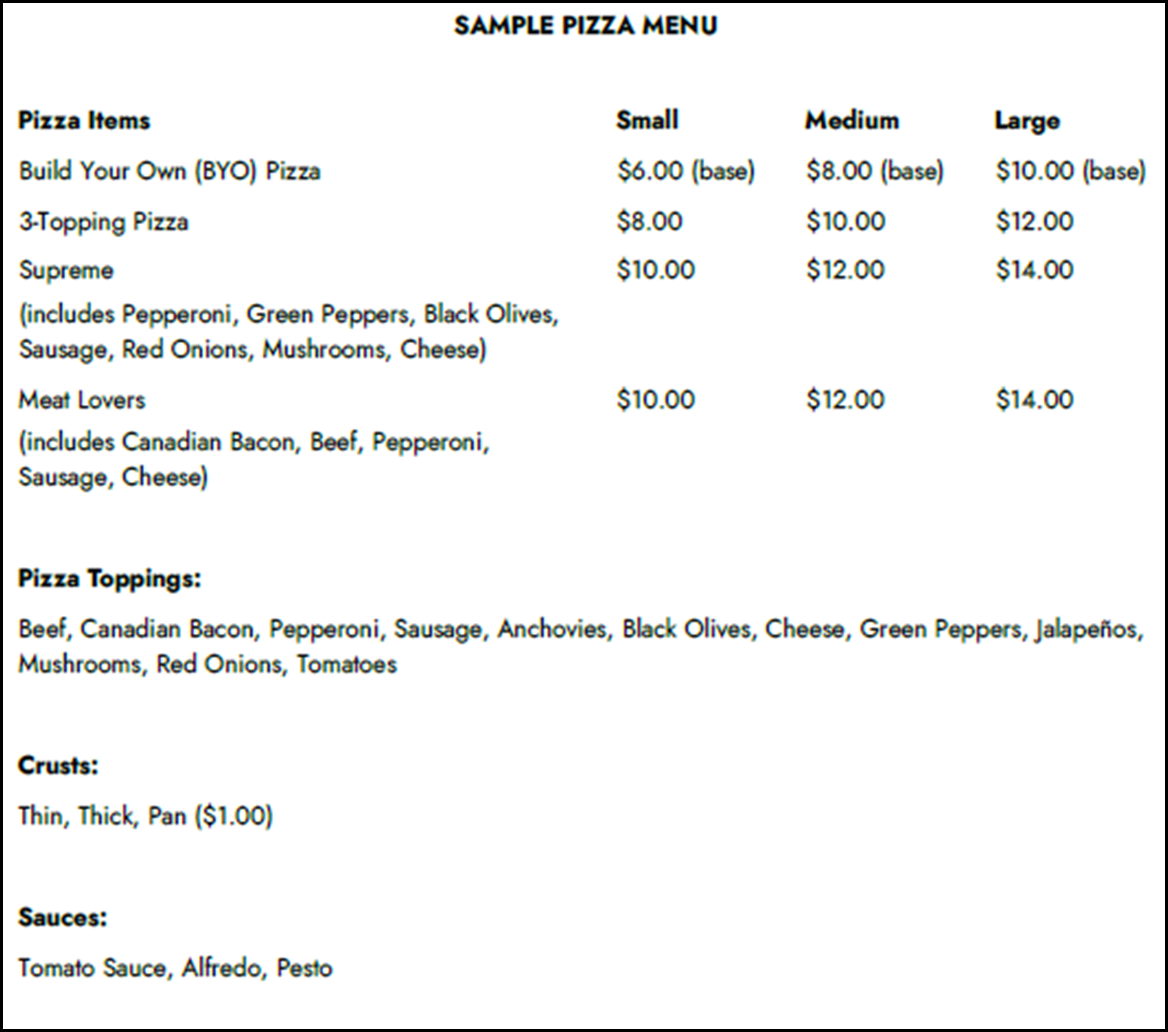 Sample Pizza Menu