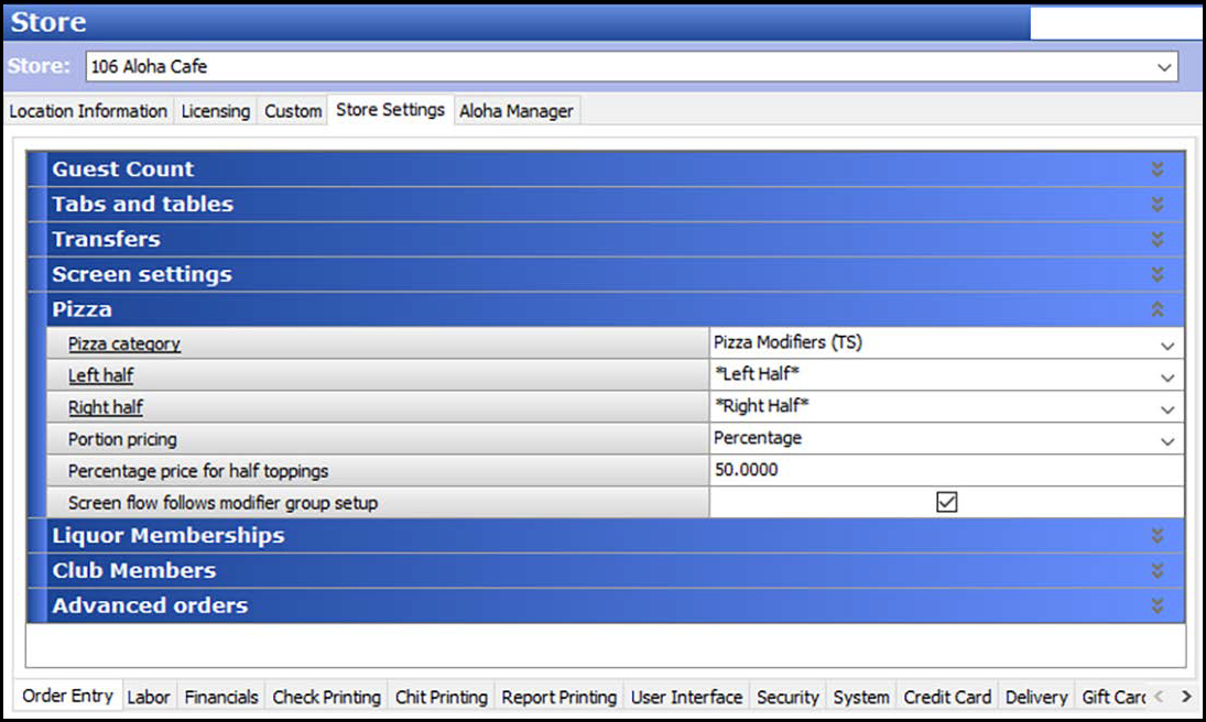 Order entry group in store settings tab of store function