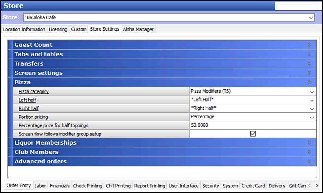 Order entry group in store settings tab of store function