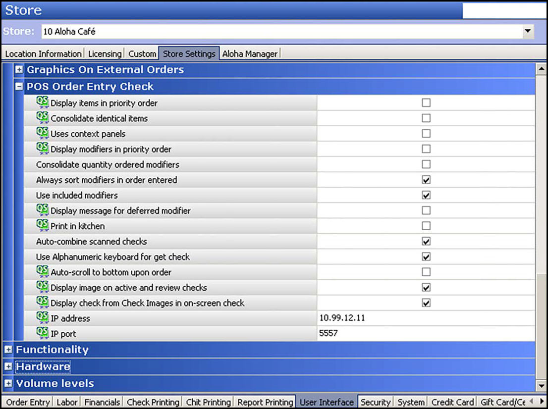 User interface group of Store setting tab in Store funtion