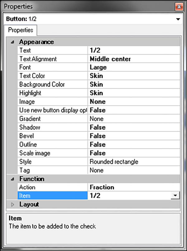 Button properties panel showing Fraction item, example 1/2.